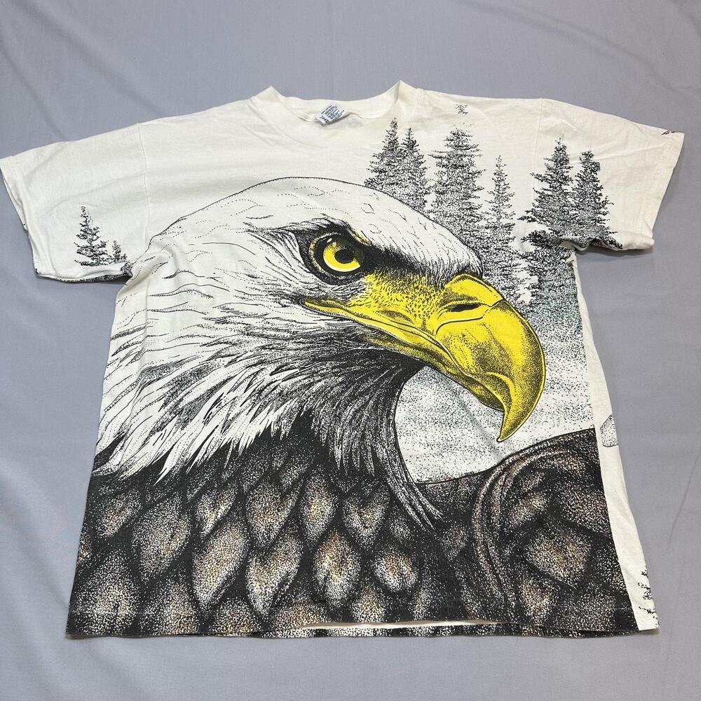 Vintage Bald Eagle Shirt Mens Large‎ White AOP Double Sided USA Retro Patriotic